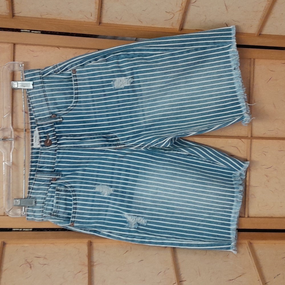 bohme Blue and White Striped High-Waist Jean Shorts